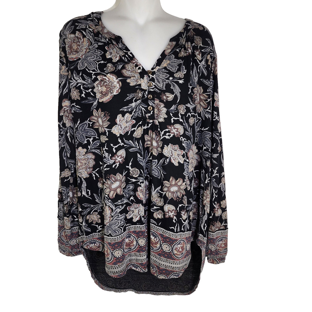 Lucky Brand Womens Top Large Floral Border Boho Baroque V Neck Peasant High Low